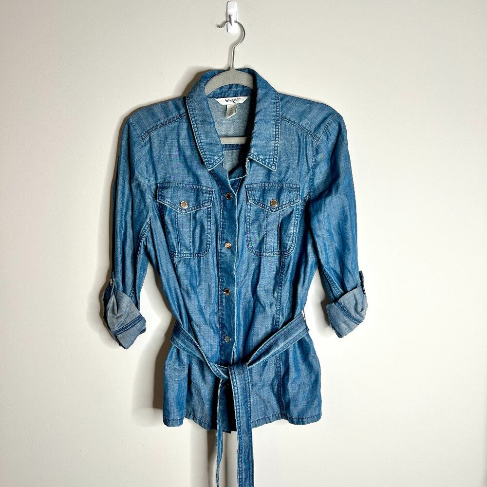 White House Black Market Blue Denim Button-Down Shirt with Tie Waist
